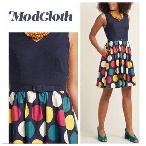 Modcloth Navy and Multicolor Polka Dot Dress